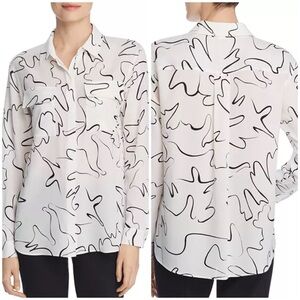 Lafayette 148 New York Zora Abstract Print 100% Silk Black & White Blouse Size M